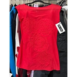 Bebe Womens Red Mesh Rose Embroidered Boat Neck Sleeveless Top Size M